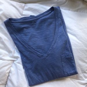 Light-blue Madewell v neck t-shit.